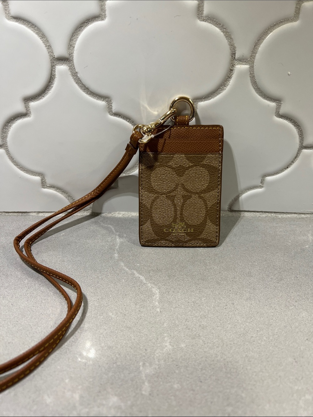 Coach Brown Signature Lanyard Card Case with Gold Hardware